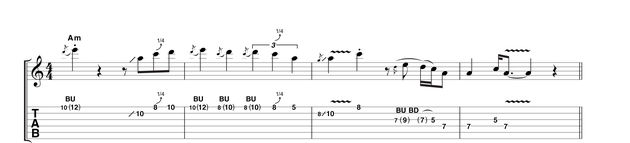 Example 2: Using occasional staccato phrasing with contrasting smooth bends, this phrase also features a slow triplet feel in the second bar. This is deceptively difficult to do well, so make sure you really nail the timing.